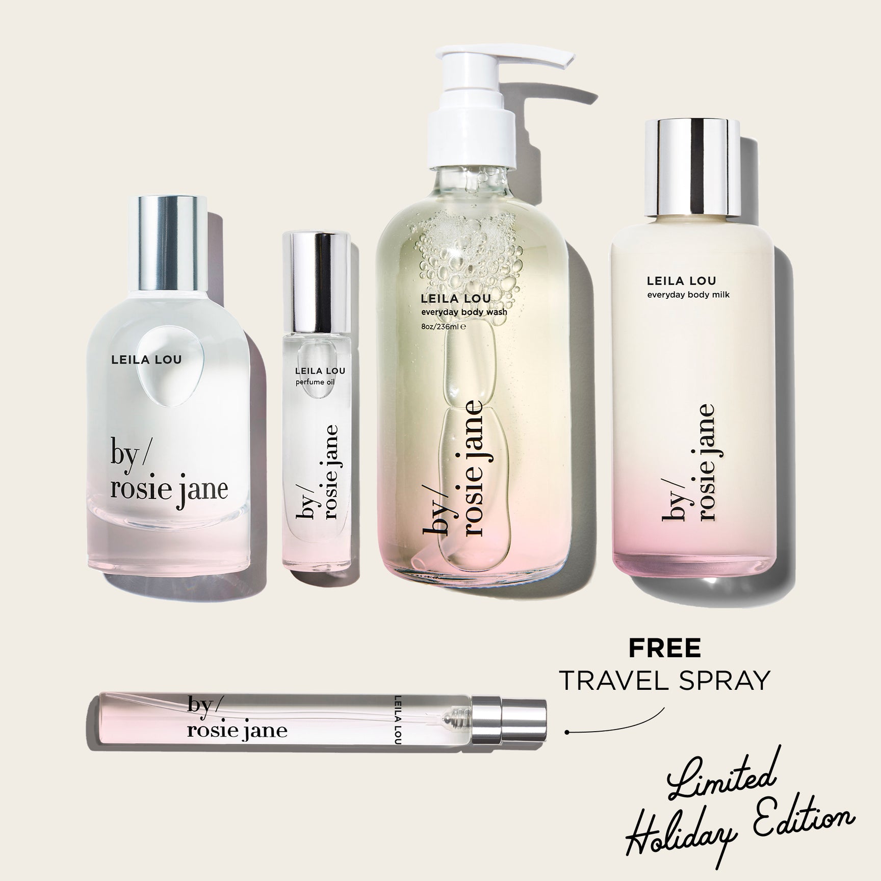 Collection of Leila Lou By Rosie Jane skincare products on a beige background