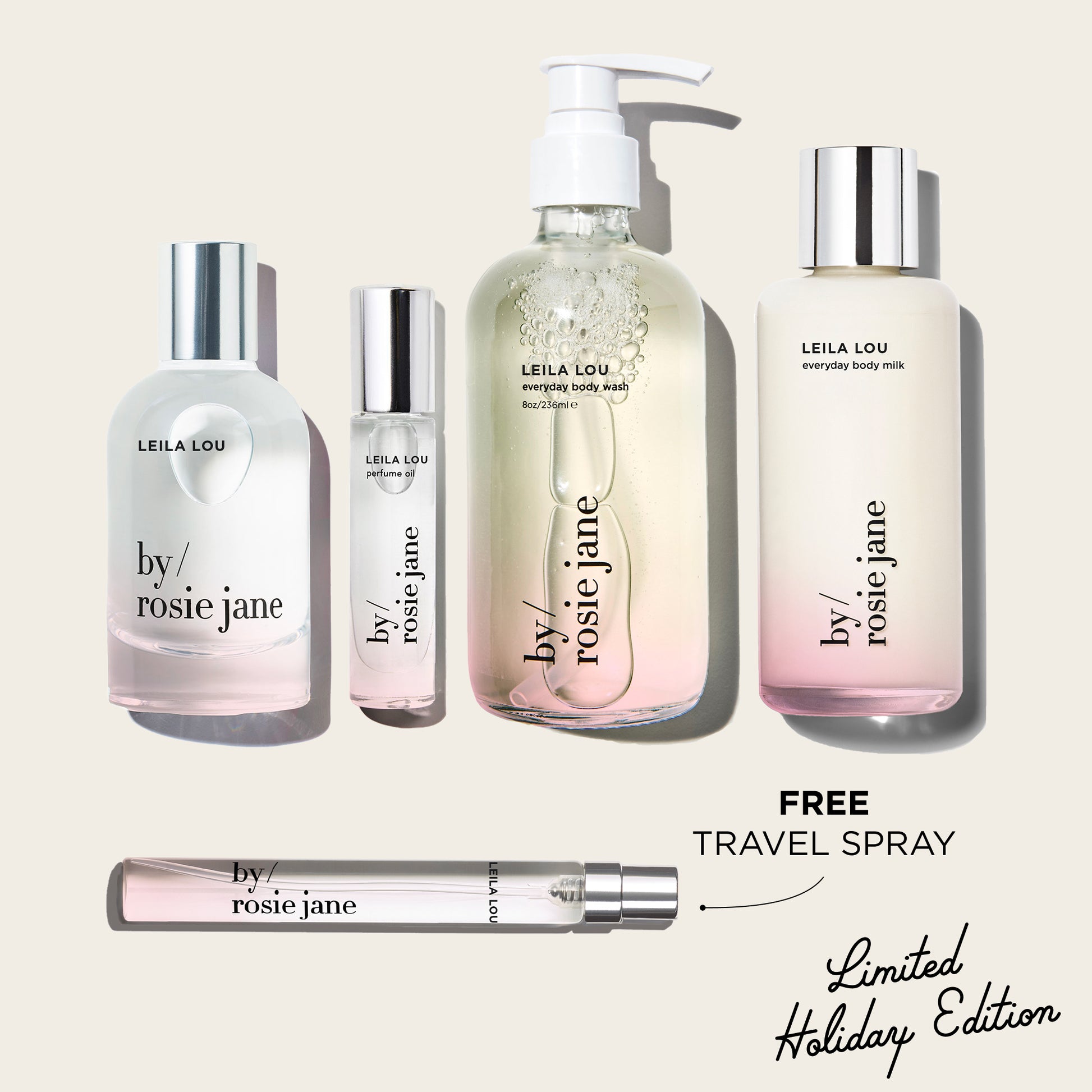 Collection of Leila Lou By Rosie Jane skincare products on a beige background