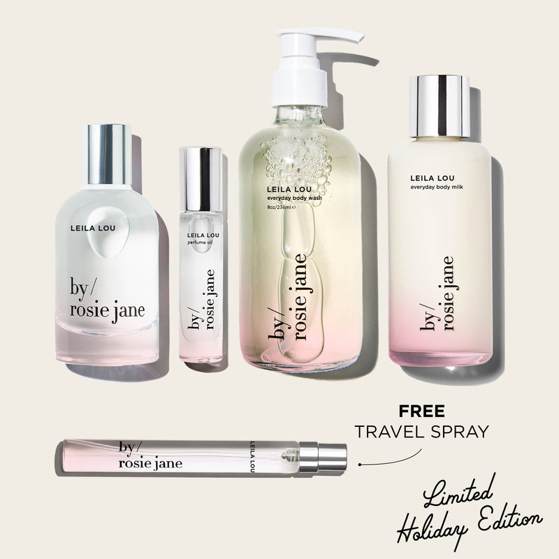 Collection of Leila Lou By Rosie Jane skincare products on a beige background