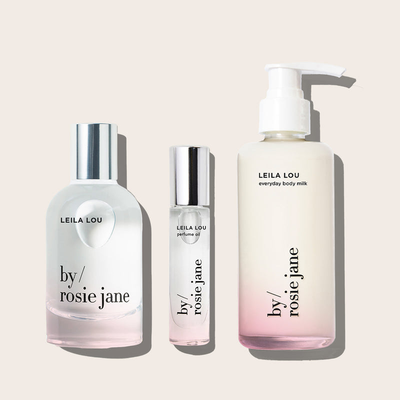 by rosie jane products: Full size leila lou perfume, leila lou perfume oil, and leila lou body milk 