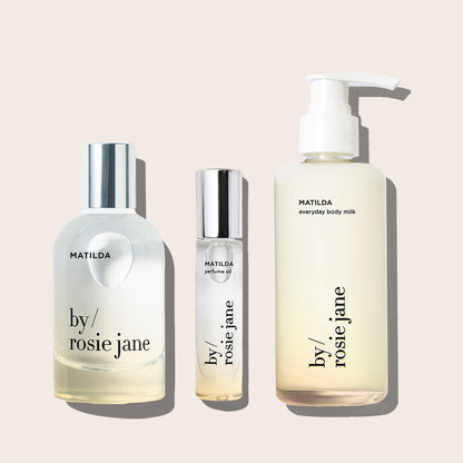 by rosie jane products: Full size matilda perfume, matilda perfume oil, and matilda body milk 