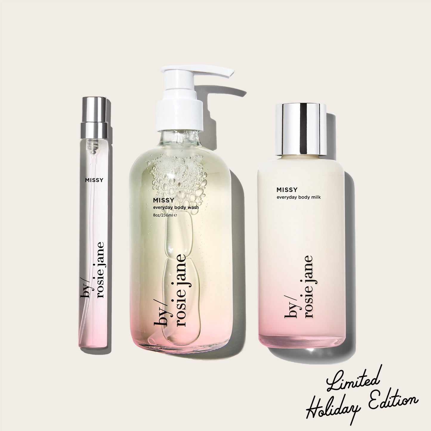three MISSY products, body wash, body milk, and a travel spray by 'by rosie jane' on a light beige background with 'Limited Holiday Edition' text.