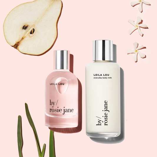 Leila Lou Eau de parfum and Body Milk with notes: jasmine, fresh cut grass, and pear