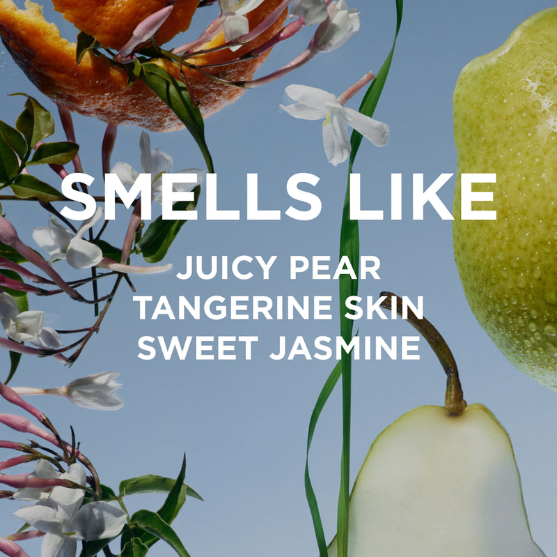 LEILA LOU PERFUME OIL by byrosiejane blends juicy pear, tangerine skin, and sweet jasmine for a fresh, everyday scent—perfect for fans of spring perfume or those seeking a light jasmine fragrance. Bold blue packaging with white text lists these notes.