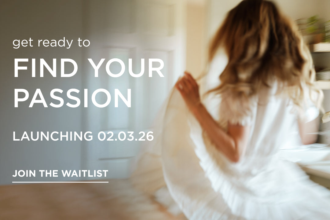 Blurred image of a woman dancing with text overlay about finding passion and joining a waitlist.