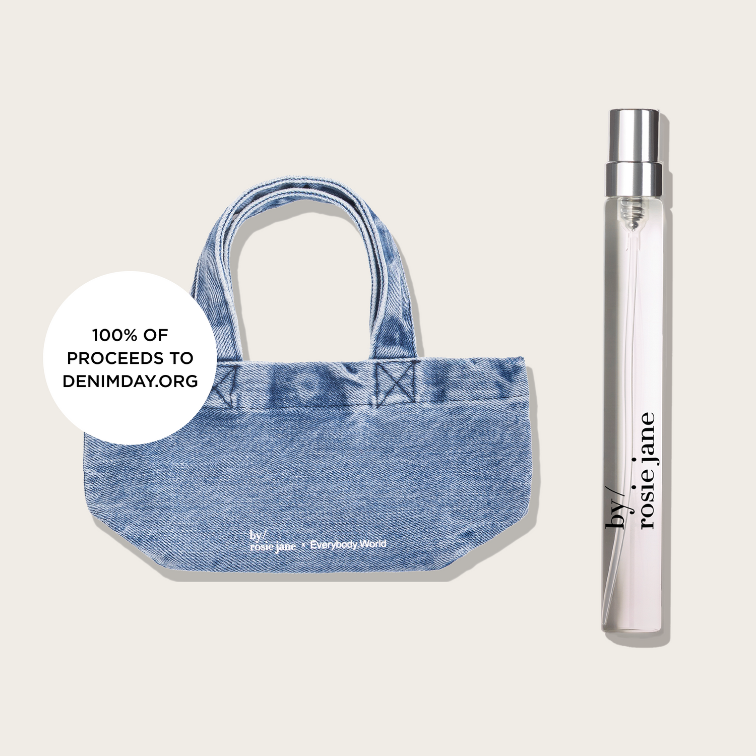 denim tote with travel spray