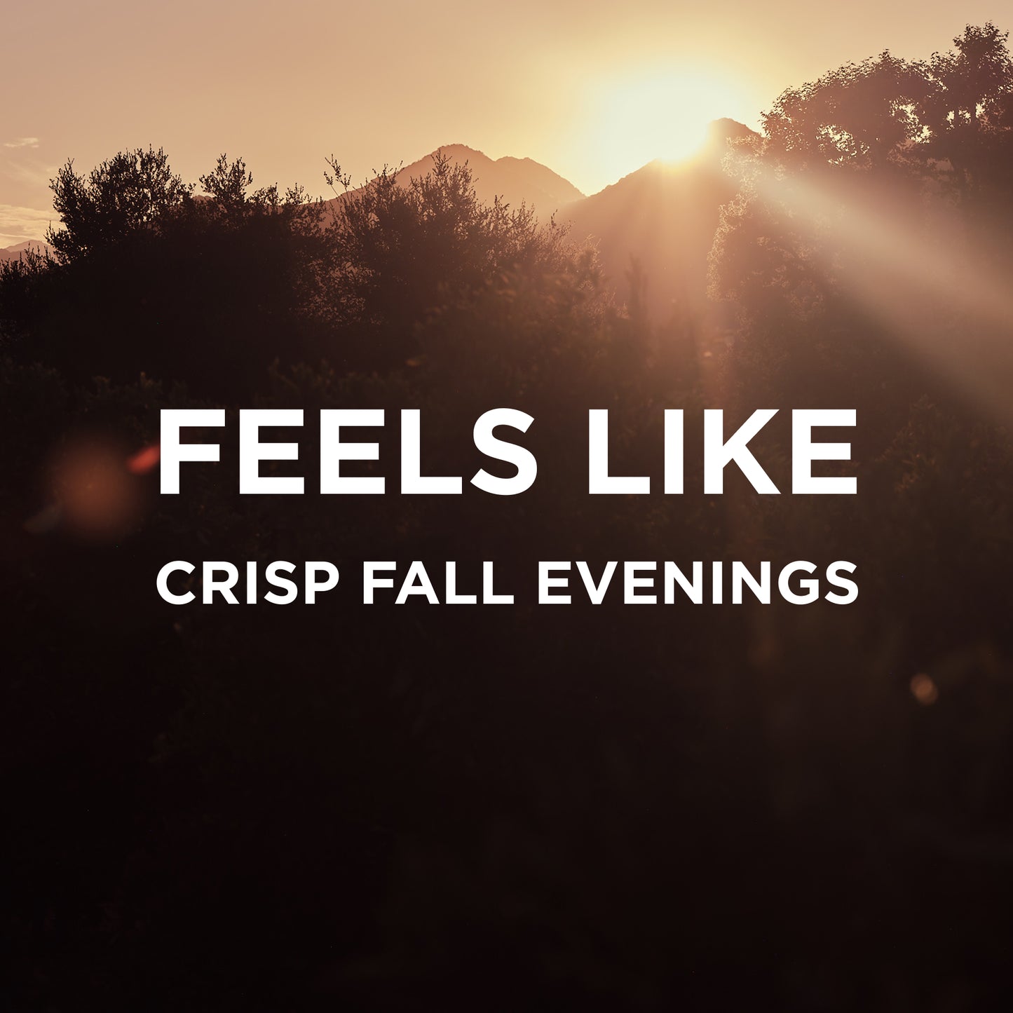 Sunset over mountains with text 'Feels like crisp fall evenings' overlayed.