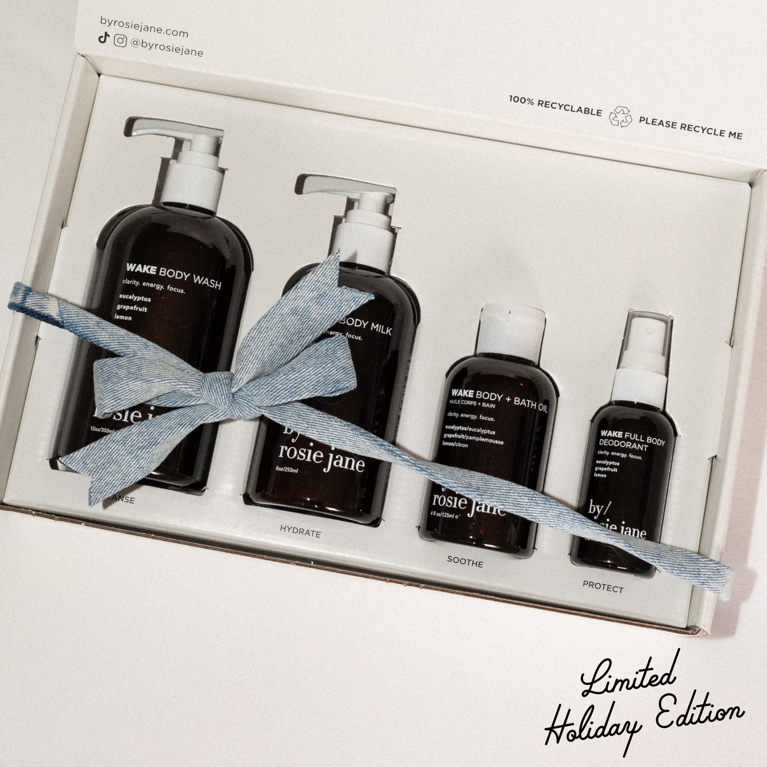 Set of skincare products by rosie jane in a recyclable box with a blue ribbon.