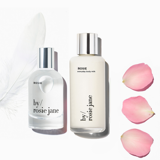 Rosie Eau de Parfum and Body Milk with notes: sweet rose and nude musk
