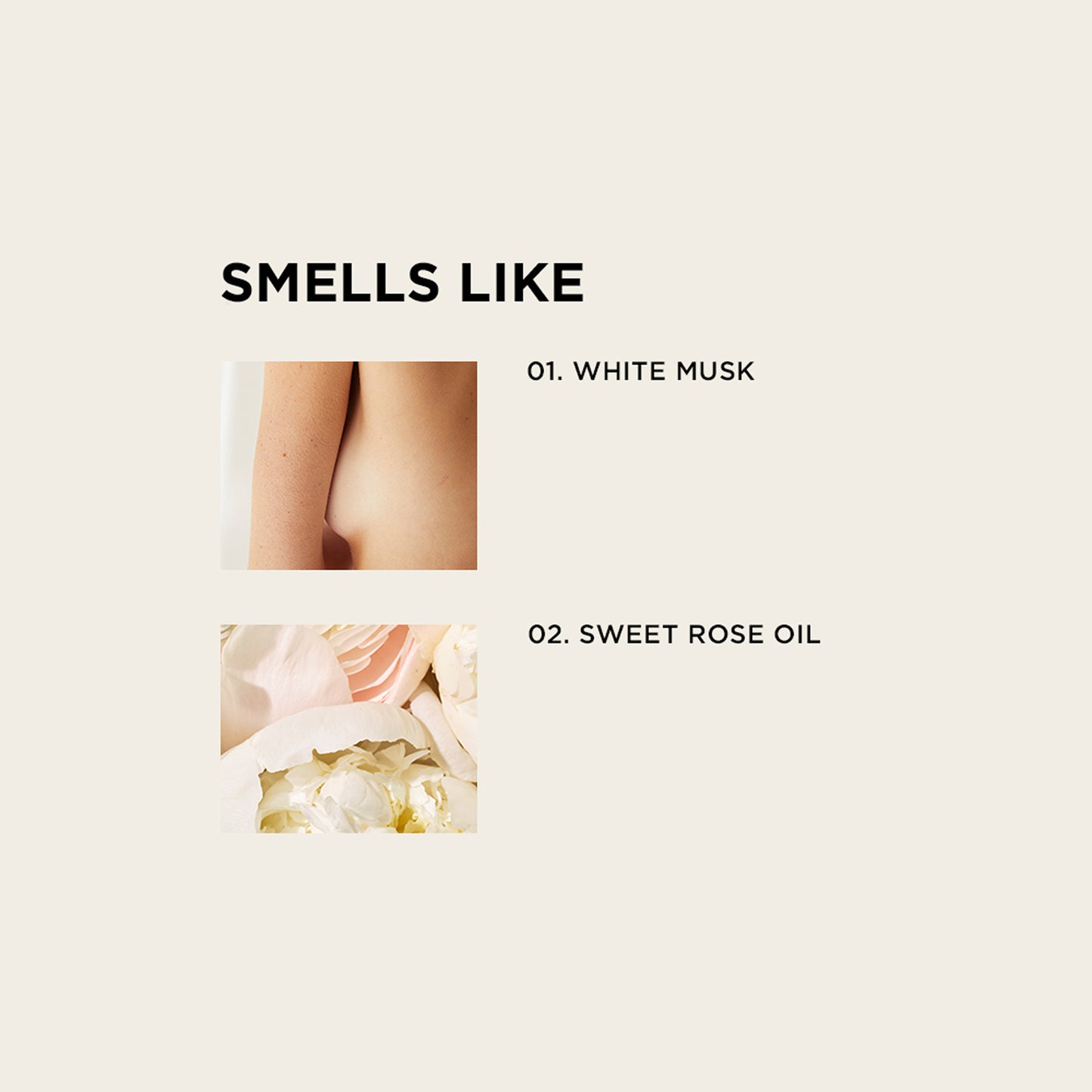 smells like: white musk and sweet rose oil
