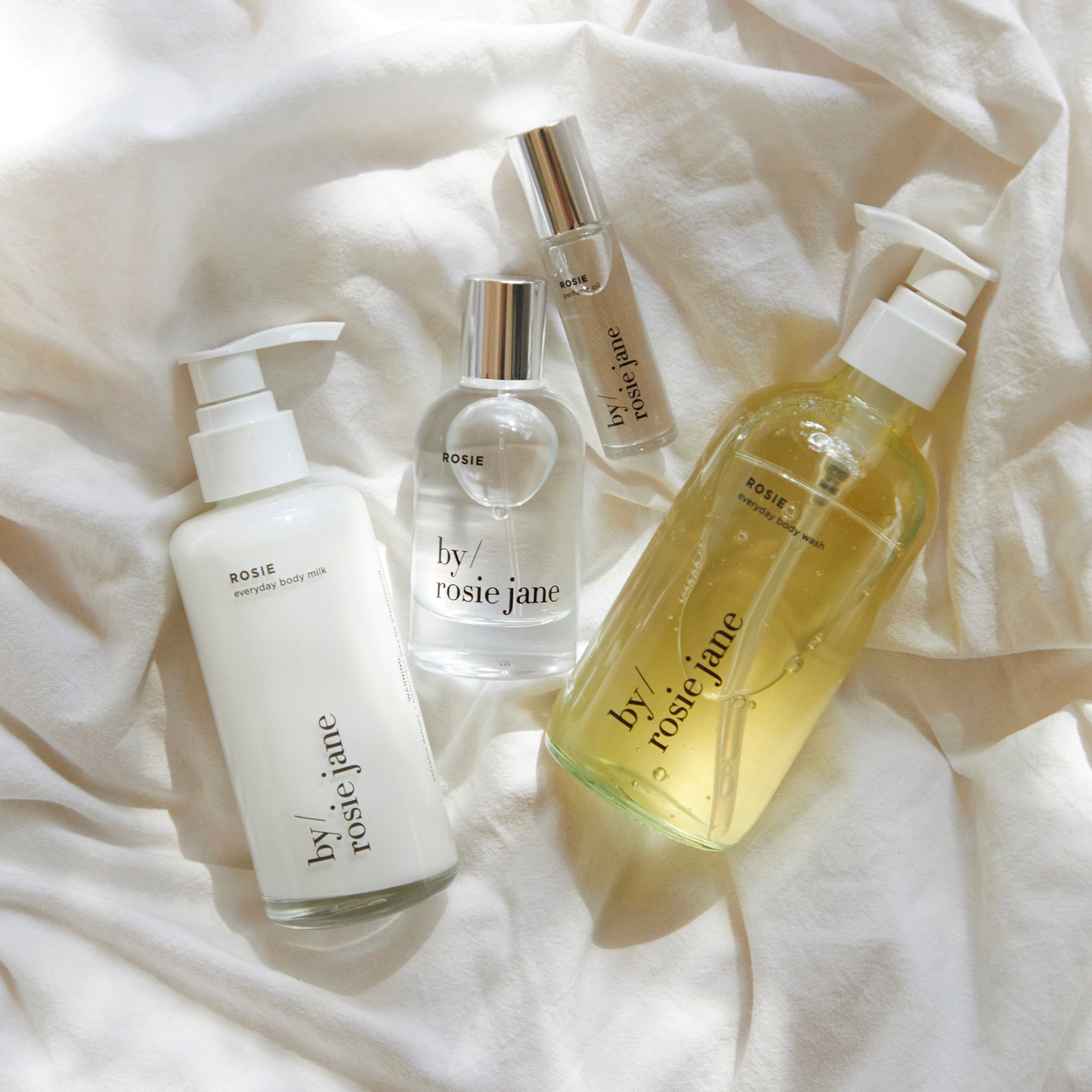 rosie perfume, perfume oil, body milk, and body wash