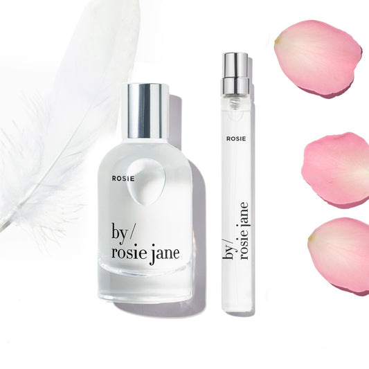 Rosie Home + Away Set: Two bottles of eau de parfum including a 50ml full size and a 10ml travel spray, inspired by nude musk and sweet rose.