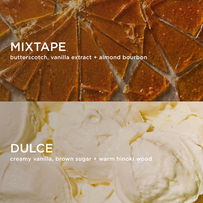 A split graphic showing two types of coffee roasting ingredients: the top half displays cracked brown coffee beans labeled 'MIXTAPE' with notes of butterscotch, vanilla extract, and almond bourbon. The bottom half displays creamy off-white vanilla cream labeled 'DULCE' with notes of brown sugar and warm hinoki wood.