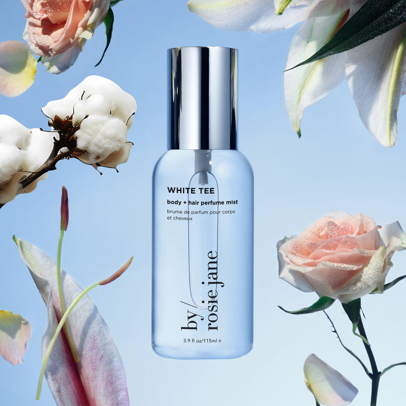 white tee body mist with ingredients