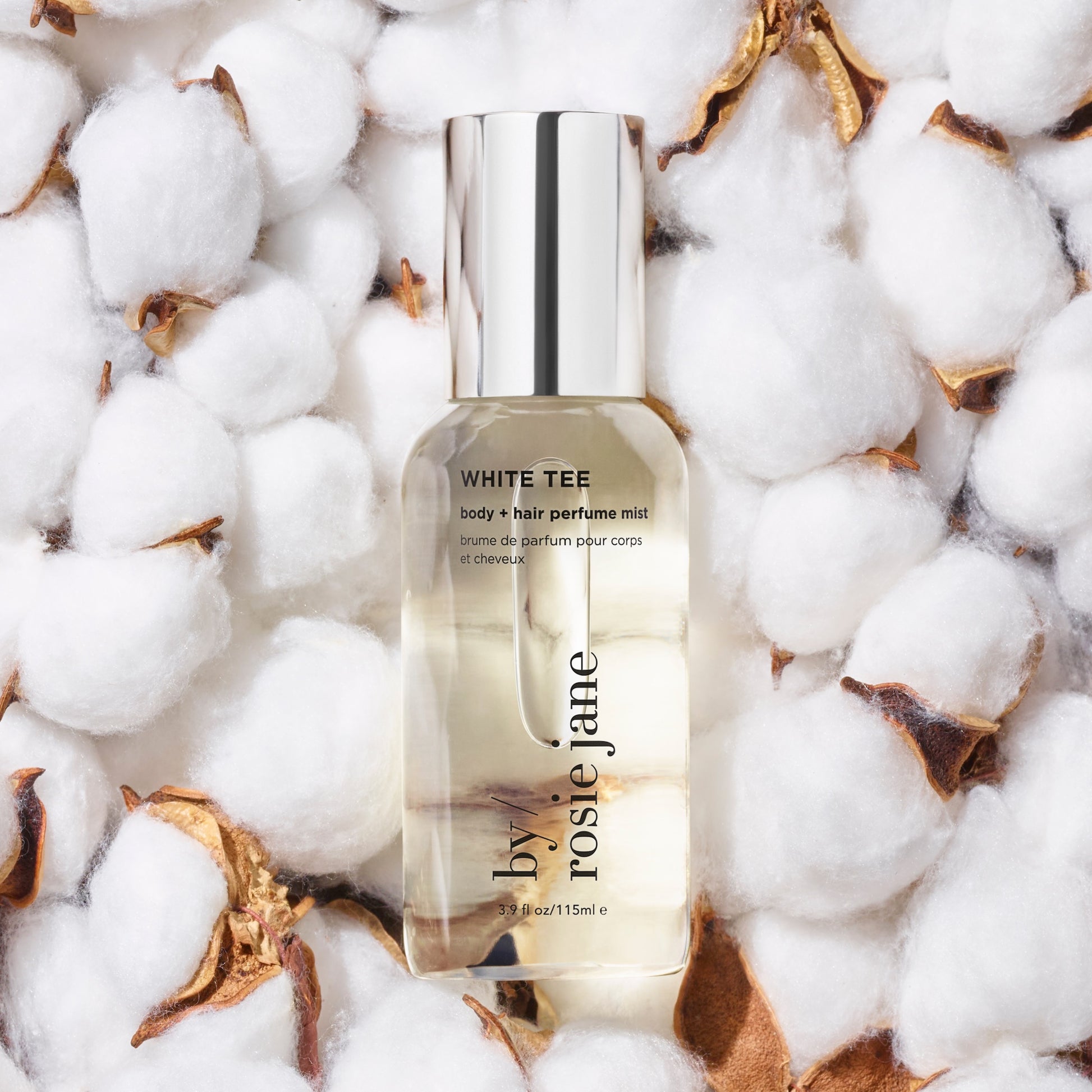white tee body mist with cotton blossoms