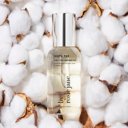 white tee body mist with cotton blossoms