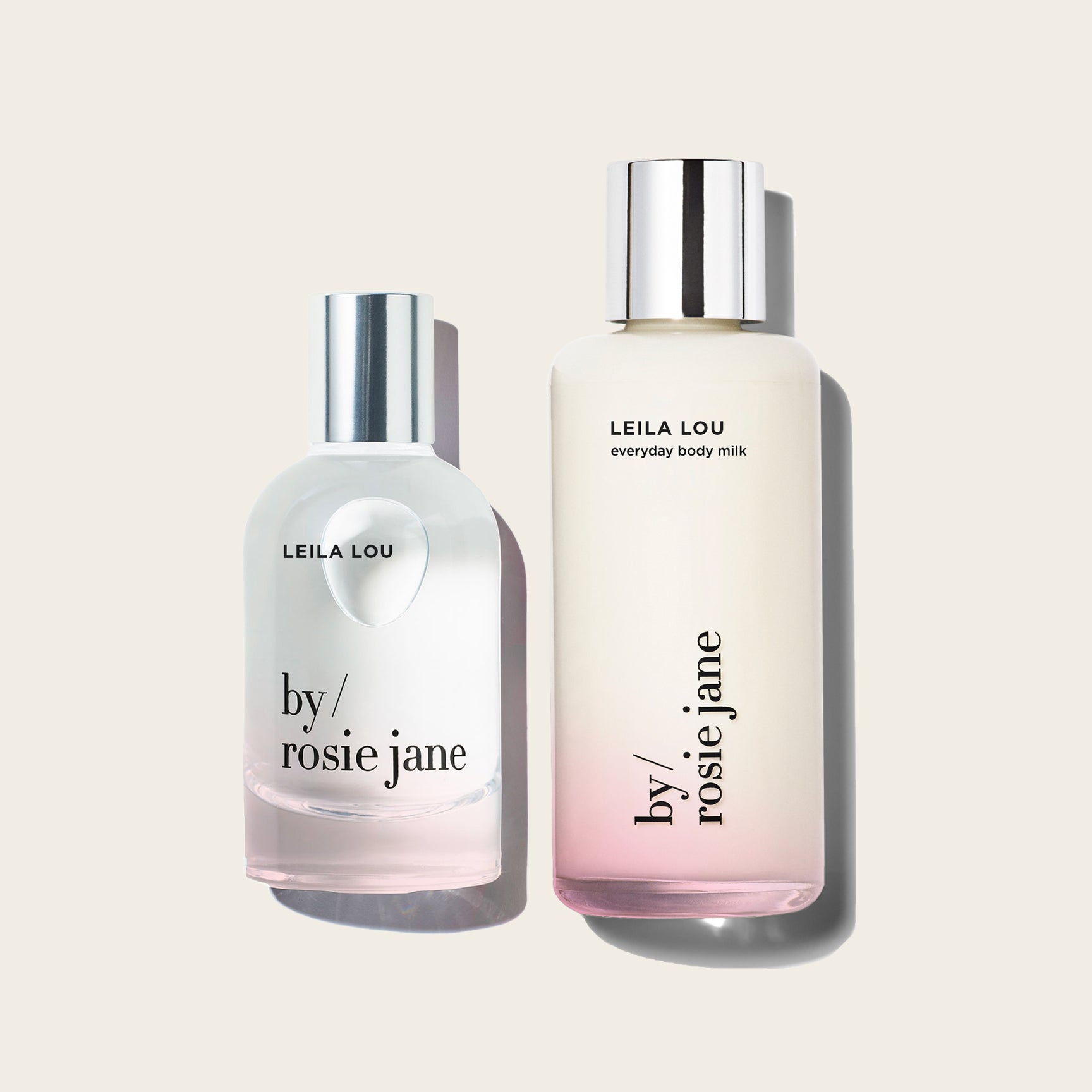 Two bottles of 'Leila Lou' and 'by Rosie Jane' products on a light beige background