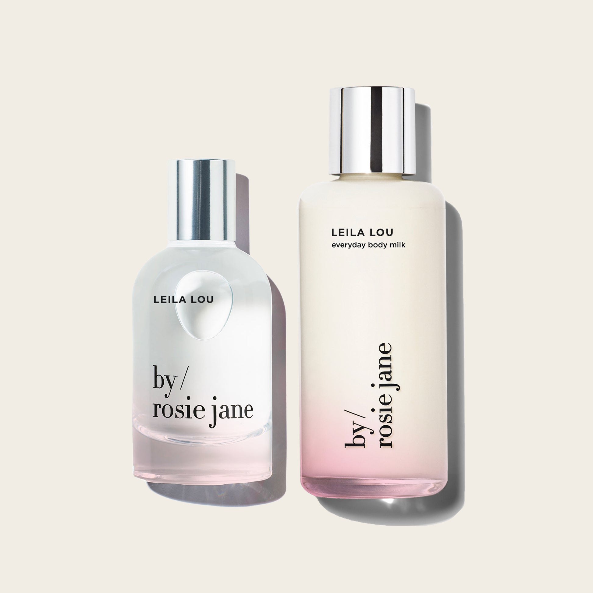 Two bottles of 'Leila Lou' and 'by Rosie Jane' products on a light beige background