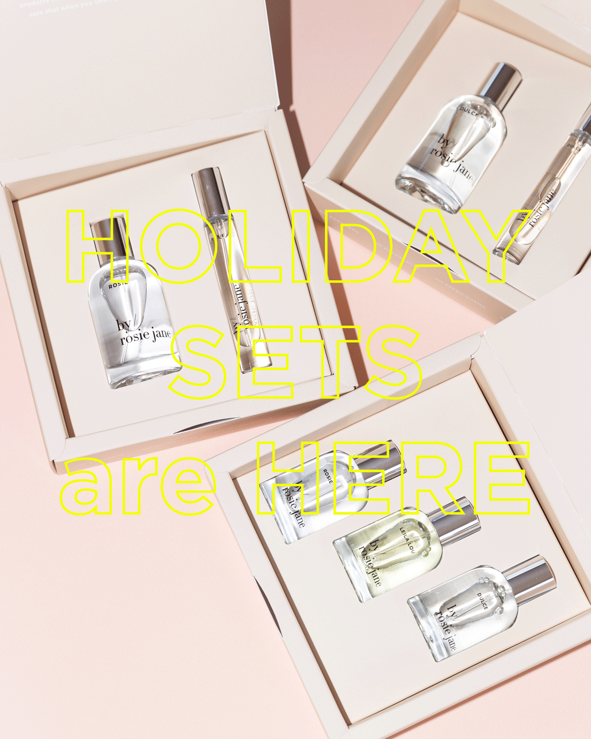By Rosie Jane Holiday sets, including mini best sellers and home + away perfume sets