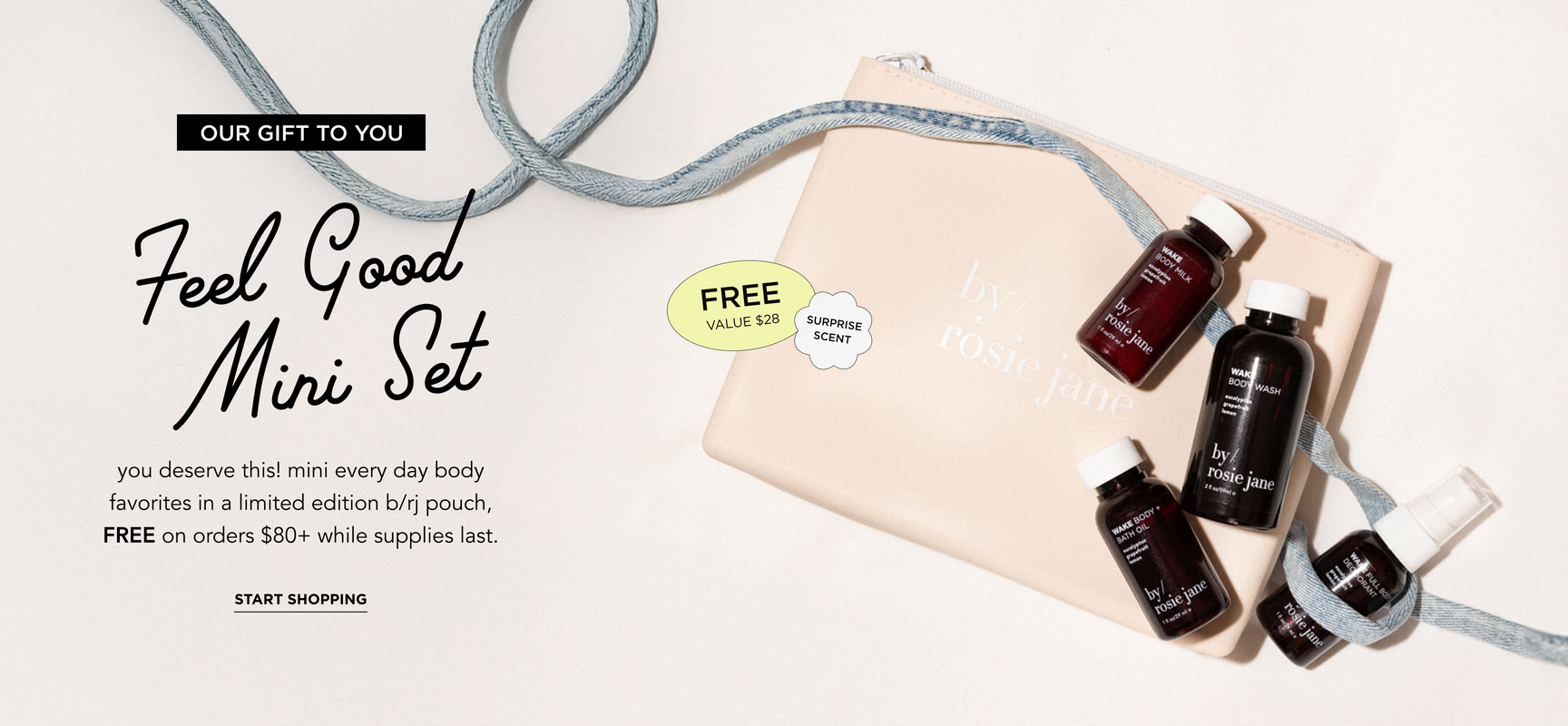 Feel good mini set with limited edition b/rj pouch and denim ribbon on white background